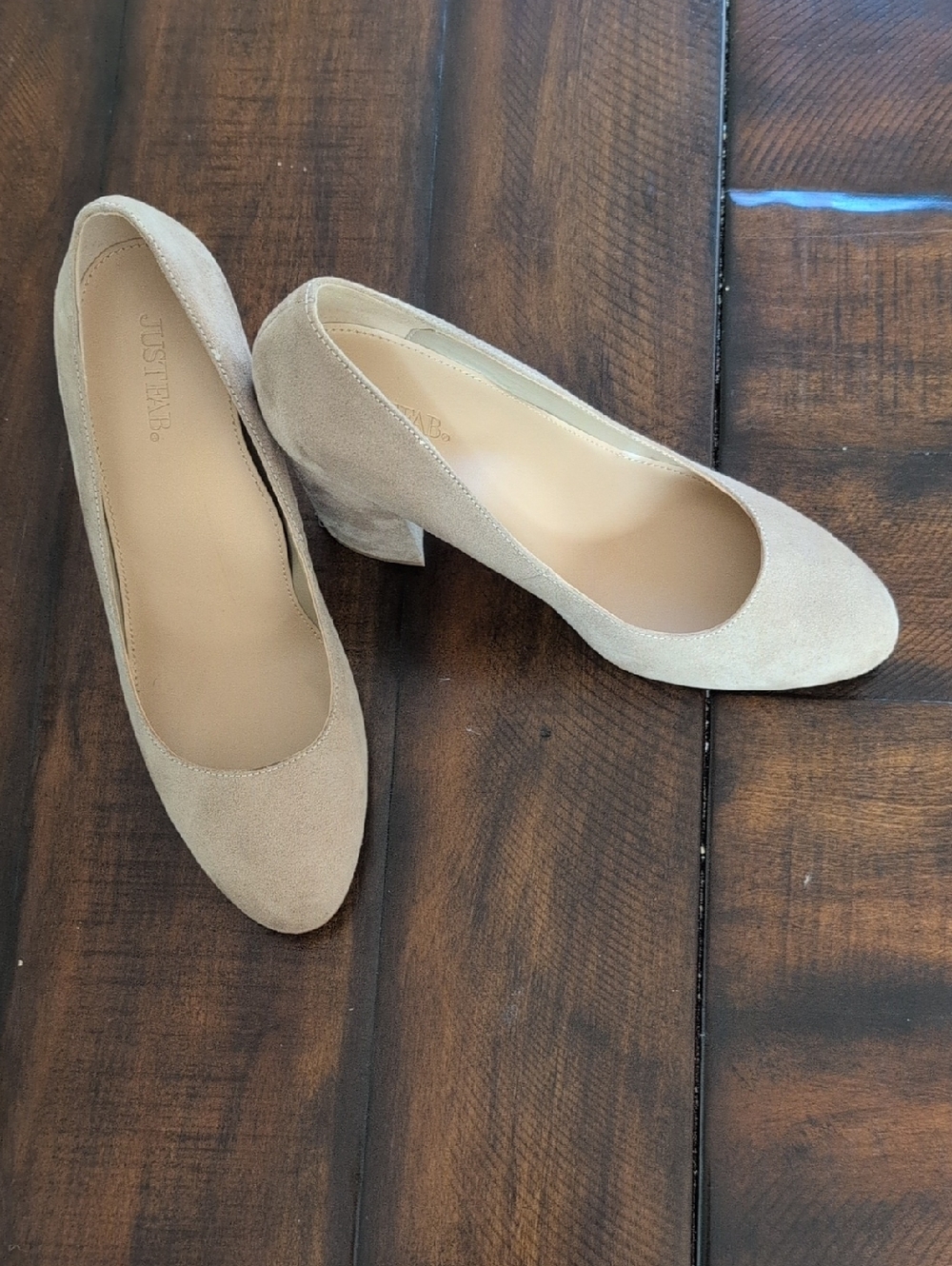 JustFab Beige Suede Block Heel Pumps